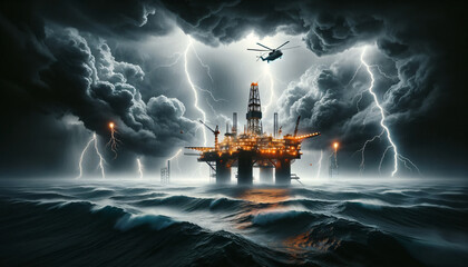 Dramatic Sea Rig Silhouette with Storm and Helicopter - obrazy, fototapety, plakaty