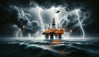 Tuinposter Dramatic Sea Rig Silhouette with Storm and Helicopter © tong4130