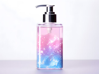 Soap dispenser bottle with blue and pink sparkling liquid mock up