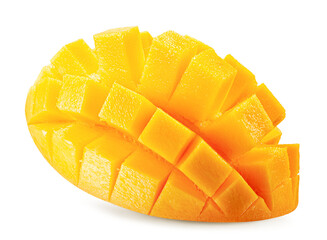 tasty mango slices isolated on the white background. Clipping path - obrazy, fototapety, plakaty