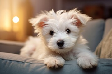 A white puppy on the couch, cute animal look