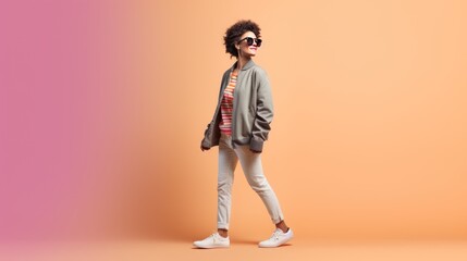 Fototapeta premium profile photo of cheerful person walking wear retro on light pink background