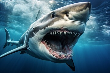 A shark swimming underwater close up