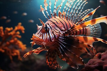 Naklejka na ściany i meble Lion fish swimming underwater, beautiful orange color fish