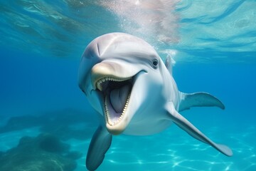 Delphine swimming underwater happy portrait