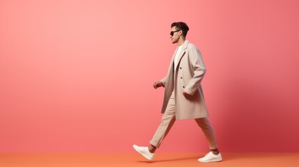 Fototapeta na wymiar profile photo of cheerful person walking wear retro on light pink background