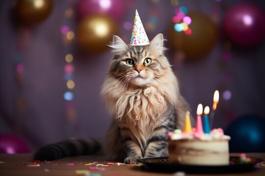 Cat celebrating birthday with balloons, cute cat and cake portrait