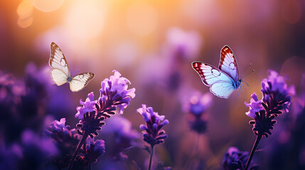 Seasonal spring or summer background with blooming lavender and flying butterflies. Sunny bright day. Magic meadow. Generative AI. - obrazy, fototapety, plakaty