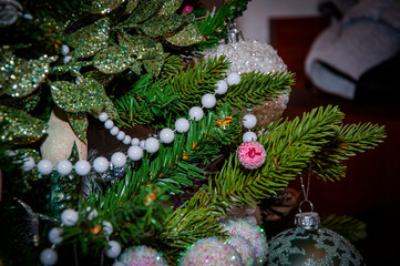 Merry Christmas. Christmas tree decorated with Xmas festive decoration. Christmas shopping sale. New Year Banner Composition. Decoration for New Year holiday celebration. Promotional sale