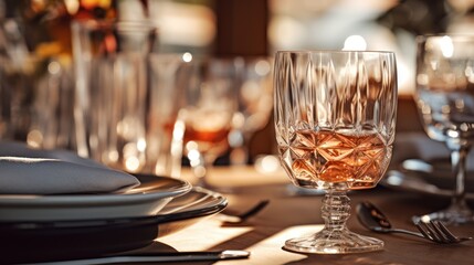  Glassware on a served table in a restaurant,Details in a luxury restaurant