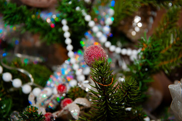 Merry Christmas. Christmas tree decorated with Xmas festive decoration. Christmas shopping sale. New Year Banner Composition. Decoration for New Year holiday celebration. Promotional sale