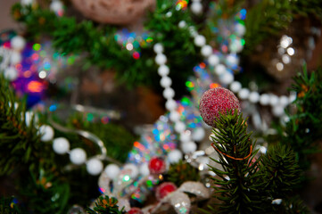 Happy New Year. Christmas shopping sale. Xmas tree decoration. Santa Claus. Decorated Christmas tree. Christmas composition. Decorations at fireplace with lights. New Year holiday