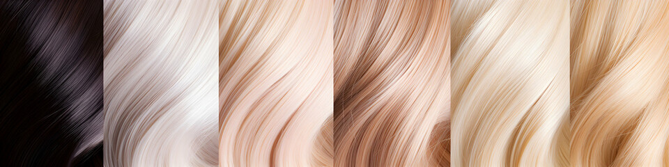 Palette of blonde hair colors in a professional hairdressing salon. Colors Palette. Close up, top view. Generative ai. - obrazy, fototapety, plakaty