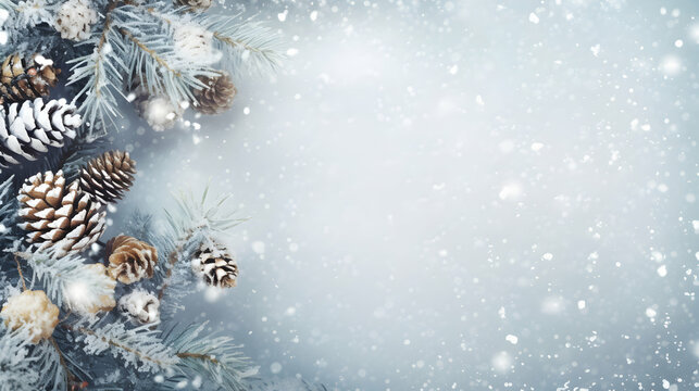 Christmas background with snowy fir branches, cones top view, free blank space, copy space, floating frame, generative ai