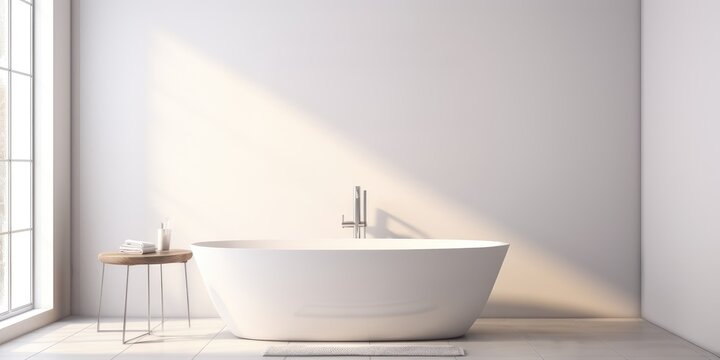 White modern tub in minimalistic Bathroom interior. Porcelain classic Bathtub in comfortable apartment or hotel room. Stylish bathroom interior design with glamour concept. Background with copy space.