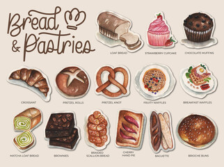 Handdrawn Watercolor Bread and Pastries