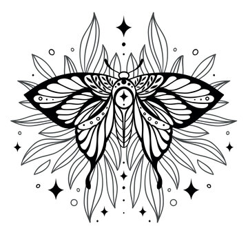 Magical Monochrome Butterfly Night Moth And Twigs, Stars And Fairy Dust On White Background. Vector Symmetric Celestial Boho Print, Tattoo Sketch