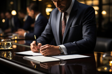 Businessman sitting in the office signing a paper or writing