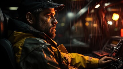 Taxi driver driving his taxi on a rainy day.