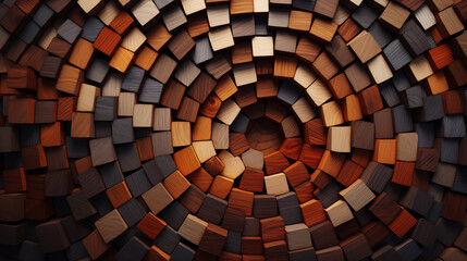 Abstract Background with Wooden Rectangular Shapes Arranged in a Circular Pattern, Accentuating the Rich Texture and Grain of the Wood, Creating a Visually Engaging Composition of Organic Elegance
