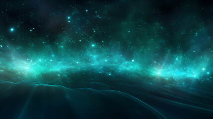 Abstract background with waves and light teal digital particles. Generative ai