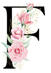 Black letter F with pink watercolor flowers and green and golden leaves, isolated illustration