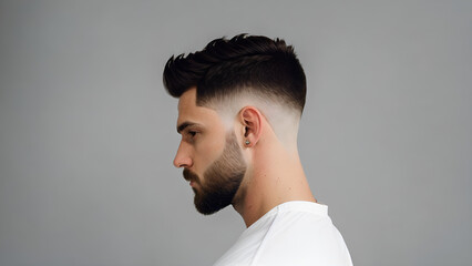 Man with fringe up haircut on gray background - profile view