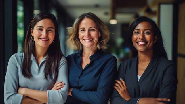 Portrait of business women teamwork, laughing and arms crossed ,standing in creative office