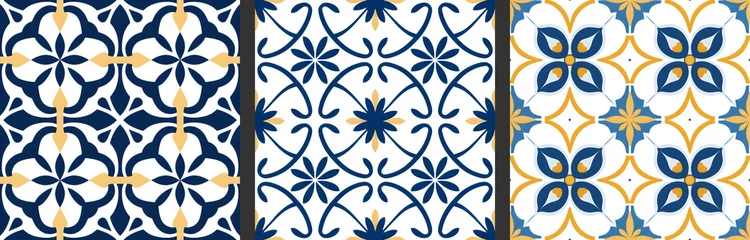 Stof per meter Seamless patterns in azulejo, majolica, zellij,  damask style. Floor and wall oriental traditional ceramic tile textures.  Portuguese, spanish, turkish, arabic geometric ceramics. Blue Gold colors © Milan