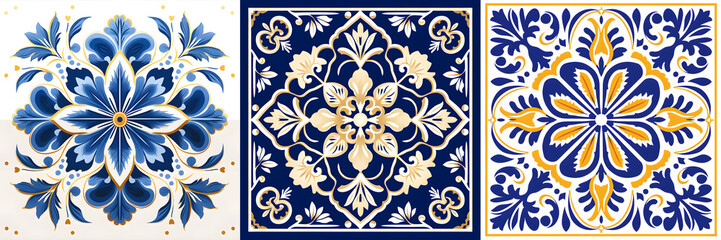 Floral patterns in azulejo, majolica,  damask style. Floor and wall oriental traditional ceramic tile textures.  Portuguese, spanish, turkish, floral ceramics. Blue Gold colors