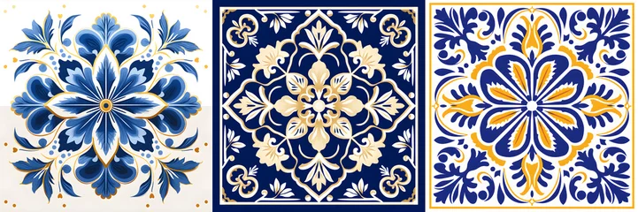Tapeten Floral patterns in azulejo, majolica,  damask style. Floor and wall oriental traditional ceramic tile textures.  Portuguese, spanish, turkish, floral ceramics. Blue Gold colors © Milan