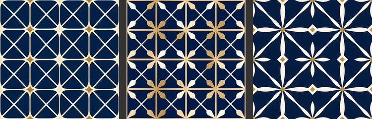 Gordijnen Seamless patterns in azulejo, majolica, zellij,  damask style. Floor and wall oriental traditional ceramic tile textures.  Portuguese, spanish, turkish, arabic geometric ceramics. Blue Gold colors © Milan