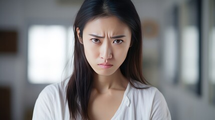 Portrait of Close-up of angry and upset pretty asian woman waiting for explanation, white background  - 677670063