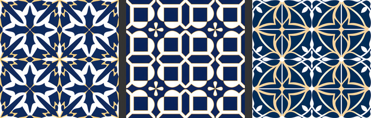 Seamless patterns in azulejo, majolica, zellij,  damask style. Floor and wall oriental traditional ceramic tile textures.  Portuguese, spanish, turkish, arabic geometric ceramics. Blue Gold colors