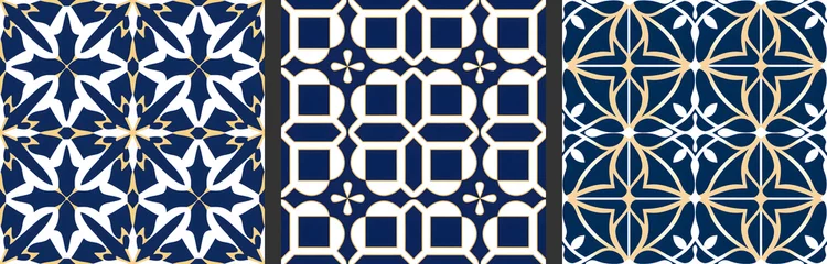 Cercles muraux Portugal carreaux de céramique Seamless patterns in azulejo, majolica, zellij,  damask style. Floor and wall oriental traditional ceramic tile textures.  Portuguese, spanish, turkish, arabic geometric ceramics. Blue Gold colors