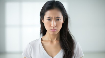 Portrait of Close-up of angry and upset pretty asian woman waiting for explanation, white background 