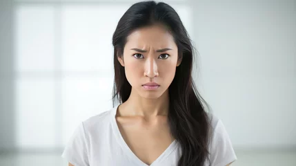 Fotobehang Portrait of Close-up of angry and upset pretty asian woman waiting for explanation, white background  © CStock
