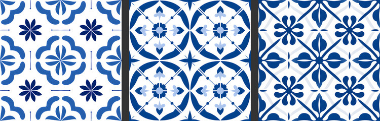 Seamless patterns in azulejo, majolica, zellij,  damask style. Floor and wall oriental traditional ceramic tile textures.  Portuguese, spanish, turkish, arabic geometric ceramics. Blue Cobalt colors