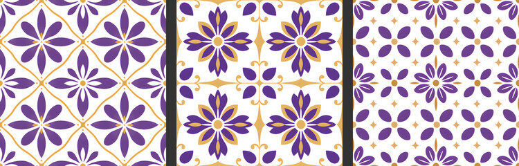 Fototapeta na wymiar Seamless patterns in azujelo, majolica, zellij, damask style. Floor and wall oriental traditional ceramic tile textures. Portuguese, spanish, turkish, arabic geometric ceramics. Lavender Gold colors