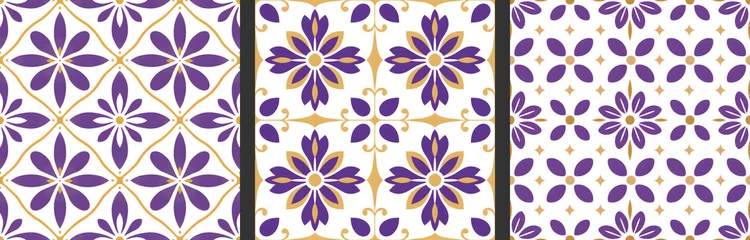 Stof per meter Seamless patterns in azujelo, majolica, zellij,  damask style. Floor and wall oriental traditional ceramic tile textures.  Portuguese, spanish, turkish, arabic geometric ceramics. Lavender Gold colors © Milan