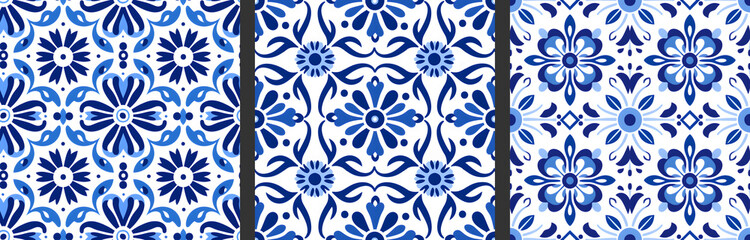 Seamless patterns in azujelo, majolica, zellij, 
damask style. Floor and wall oriental traditional ceramic tile textures.  Portuguese, spanish, turkish, arabic geometric ceramics. Blue Cobalt colors - obrazy, fototapety, plakaty