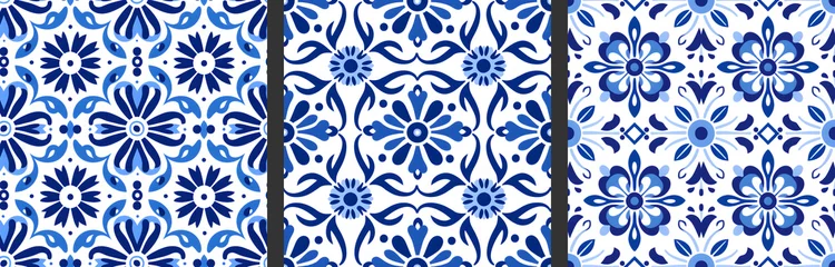  Seamless patterns in azujelo, majolica, zellij,  damask style. Floor and wall oriental traditional ceramic tile textures.  Portuguese, spanish, turkish, arabic geometric ceramics. Blue Cobalt colors © Milan