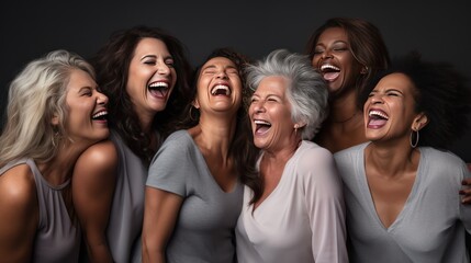 Portrait of Female models of different ages laughing happily in the studio 
