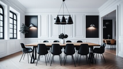 Black chairs and wooden dining table against of classic white paneling wall. Interior design of modern dining room