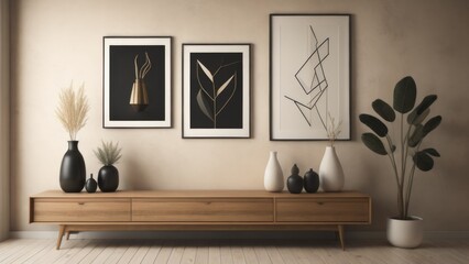 Black decorative vases on wooden cabinet near beige wall with art poster. Minimalist home interior design of modern living room