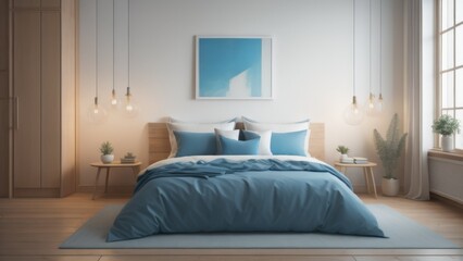 Blue pillows on bed. French country interior design of modern bedroom