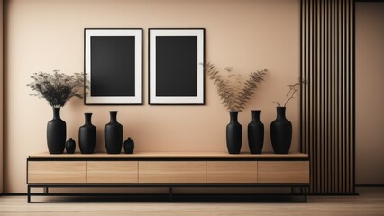 Black decorative vases on wooden cabinet near beige wall with art poster. Minimalist home interior design of modern living room