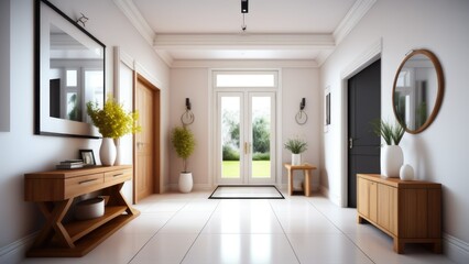 Fototapeta premium Bright interior design of modern entrance hall with door and wooden console table
