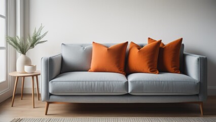 Fototapeta na wymiar Close up of fabric sofa with terra cotta pillow against window and white wall. Scandinavian home interior design of modern living room