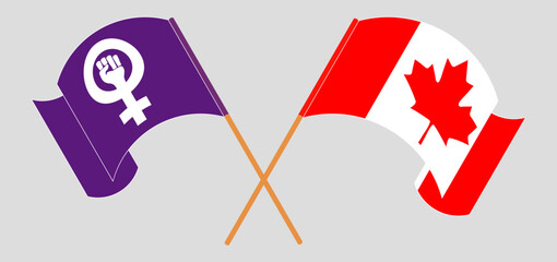 Crossed and waving flags of Feminism and Canada